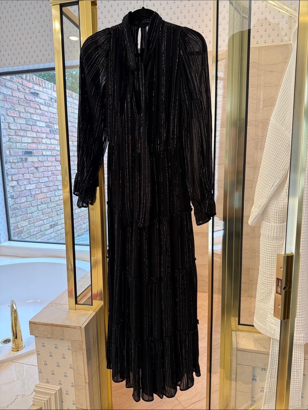 Black Long Sleeve Tiered Maxi Dress with Subtle Metallic Stripes